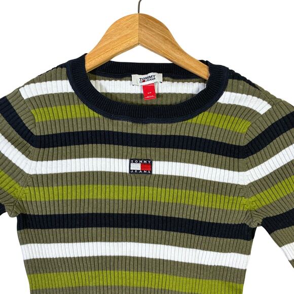 Tommy Hilfiger 100% Cotton Cropped Sweater Womens S Green Blue Striped Y2K 90s - Picture 3 of 7